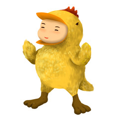 Illustration of kid in animal costume, kid in chicken costume