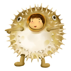 Illustration of kid in animal costume, kid in puffer fish costume