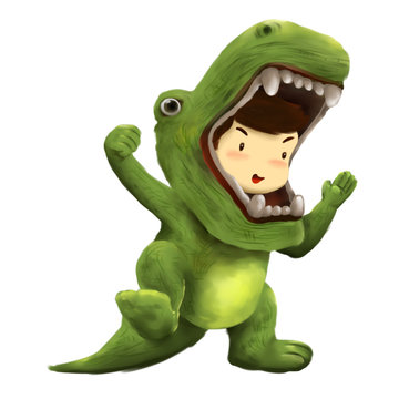 Illustration Of Kid In Animal Costume, Kid In Dinosaur Costume