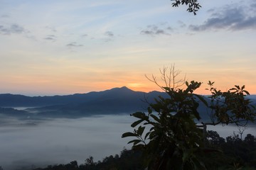 Obraz premium Clouds and mist covered at the top of the mountain.