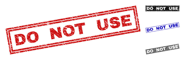 Grunge DO NOT USE rectangle stamp seals isolated on a white background. Rectangular seals with grunge texture in red, blue, black and grey colors.