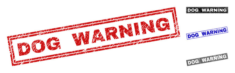 Grunge DOG WARNING rectangle stamp seals isolated on a white background. Rectangular seals with grunge texture in red, blue, black and grey colors.