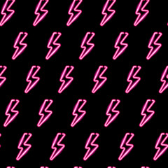 Seamless pattern with neon icons of pink lightning bolts on dark background. Vector 10 EPS illustration.