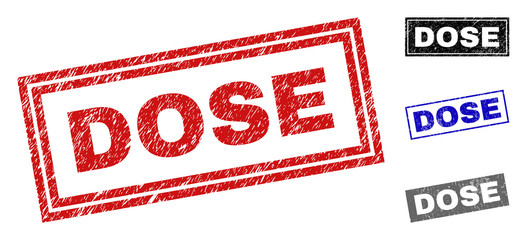 Grunge DOSE rectangle stamp seals isolated on a white background. Rectangular seals with grunge texture in red, blue, black and gray colors.