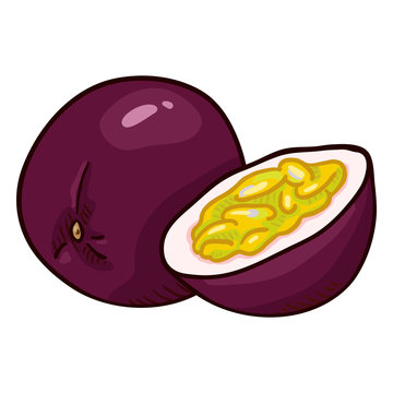 Vector Cartoon Passion Fruit. Whole and Sliced.