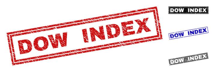 Grunge DOW INDEX rectangle stamp seals isolated on a white background. Rectangular seals with grunge texture in red, blue, black and grey colors.