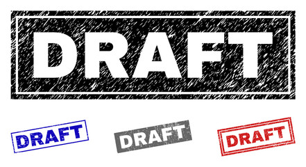 Grunge DRAFT rectangle stamp seals isolated on a white background. Rectangular seals with grunge texture in red, blue, black and grey colors.