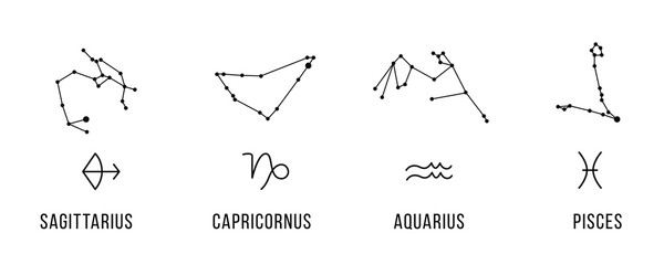 4 Zodiac signs with constellations. Sagittarius, capricorn, aquarius, pisces. Vector. - 254582496