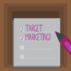 Writing note showing Target Marketing. Business concept for Market Segmentation Audience Targeting Customer Selection
