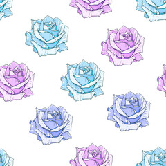 Drawn biue roses seamless background. Flowers illustration front view. Pattern in romantic style for design of fabrics