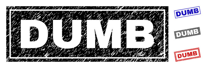 Grunge DUMB rectangle stamp seals isolated on a white background. Rectangular seals with grunge texture in red, blue, black and grey colors.