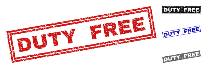 Grunge DUTY FREE rectangle stamp seals isolated on a white background. Rectangular seals with grunge texture in red, blue, black and grey colors.