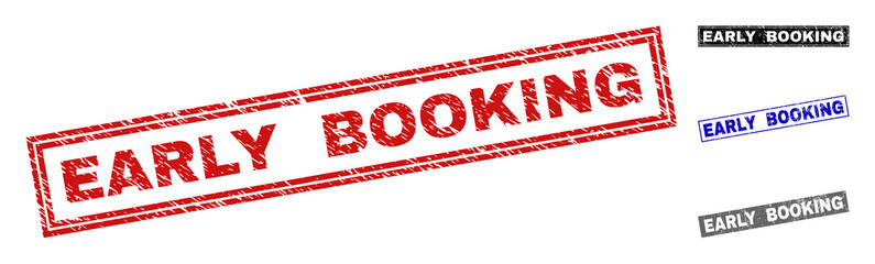 Grunge EARLY BOOKING rectangle stamp seals isolated on a white background. Rectangular seals with grunge texture in red, blue, black and gray colors.