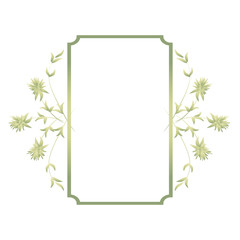 Arrangement of herbs and flowers. Rectangular art frame for text. Hand drawing in soft green gradient colors. For packaging, paper, design, stickers.