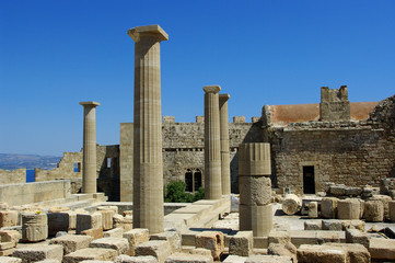 Fototapeta na wymiar The antique stone post, acropolis in Lindos, Hellenic Republic, archaeological site.