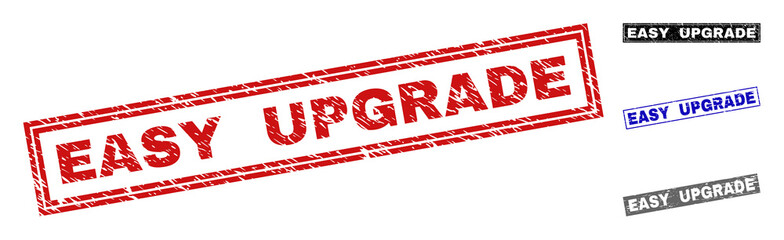 Grunge EASY UPGRADE rectangle stamp seals isolated on a white background. Rectangular seals with grunge texture in red, blue, black and grey colors.