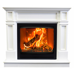 Burning white fireplace isolated on white background