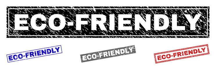 Grunge ECO-FRIENDLY rectangle stamp seals isolated on a white background. Rectangular seals with grunge texture in red, blue, black and grey colors.