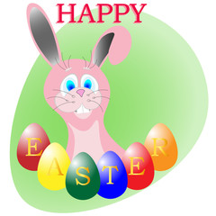 easter eggs and funny bunny with an inscription happy easter