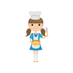 Little girl in cook uniform holding utensils isolated against white background