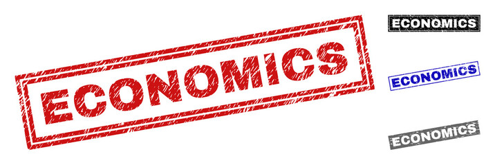 Grunge ECONOMICS rectangle stamp seals isolated on a white background. Rectangular seals with grunge texture in red, blue, black and grey colors.