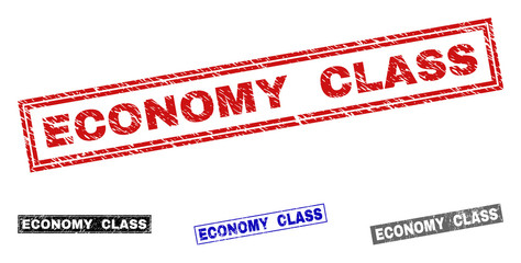 Grunge ECONOMY CLASS rectangle stamp seals isolated on a white background. Rectangular seals with grunge texture in red, blue, black and gray colors.