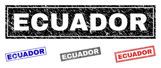 Grunge ECUADOR rectangle stamp seals isolated on a white background. Rectangular seals with grunge texture in red, blue, black and gray colors.