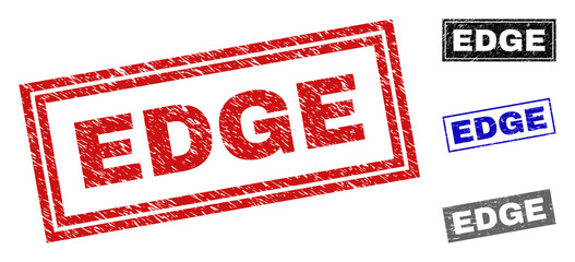 Grunge EDGE rectangle stamp seals isolated on a white background. Rectangular seals with grunge texture in red, blue, black and gray colors. Vector rubber imprint of EDGE text inside rectangle frames.