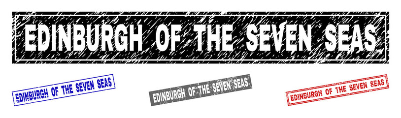 Grunge EDINBURGH OF THE SEVEN SEAS rectangle stamp seals isolated on a white background. Rectangular seals with grunge texture in red, blue, black and grey colors.
