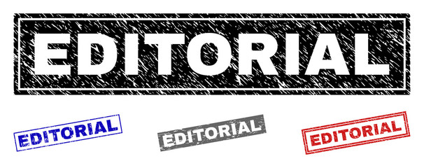 Grunge EDITORIAL rectangle stamp seals isolated on a white background. Rectangular seals with distress texture in red, blue, black and gray colors.