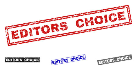 Grunge EDITORS CHOICE rectangle stamp seals isolated on a white background. Rectangular seals with grunge texture in red, blue, black and gray colors.
