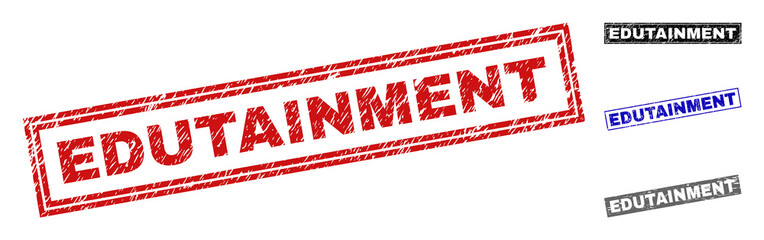 Grunge EDUTAINMENT rectangle stamp seals isolated on a white background. Rectangular seals with grunge texture in red, blue, black and gray colors.