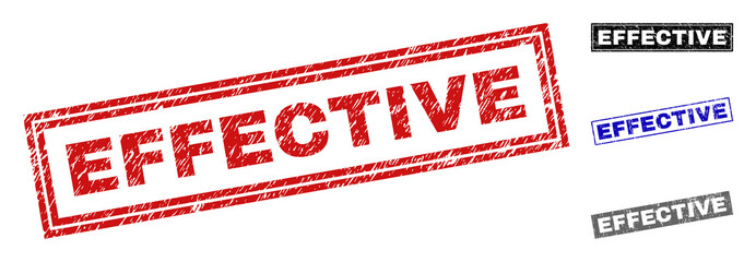 Grunge EFFECTIVE rectangle stamp seals isolated on a white background. Rectangular seals with grunge texture in red, blue, black and grey colors.