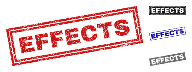 Grunge EFFECTS rectangle stamp seals isolated on a white background. Rectangular seals with grunge texture in red, blue, black and gray colors.