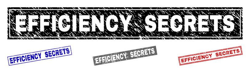 Grunge EFFICIENCY SECRETS rectangle stamp seals isolated on a white background. Rectangular seals with grunge texture in red, blue, black and gray colors.