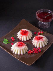 Semolina pudding in a brown square plate with red currant syrup and berries. On a dark background