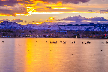 Colorful and Beautiful Sunset Over Sloan's Lake in Denver, Colorado