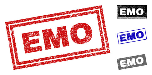 Grunge EMO rectangle stamp seals isolated on a white background. Rectangular seals with grunge texture in red, blue, black and gray colors. Vector rubber imprint of EMO title inside rectangle frames.