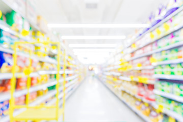 Abstract blurred row of goods in modern trade supermarket