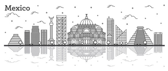 Obraz premium Outline Mexico City Skyline with Historical Buildings and Reflections Isolated on White.
