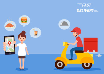 Naklejka na ściany i meble delivery man and customer ordering food by smartphone. online app. Vector illustration isolated on EPS10.