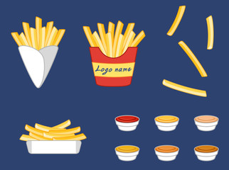 cute French fries set with tomato sauce. Flat cartoon vector illustration isolated on EPS10.