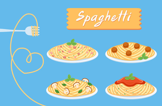 cute set spaghetti of love, Fork with noodle heart shape,  Flat cartoon vector illustration isolated on EPS10.