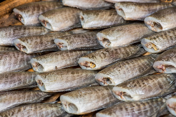 Close up Fishes (Trichogaster pectoralis) arrange on rattan in market.Raw food ingredients.