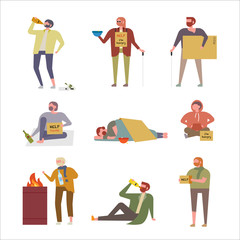 Homeless character set. flat design style minimal vector illustration