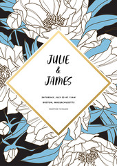 Vintage Wedding Invite template with floral background of flowers peons, with gold decorated banner. Vector invitation