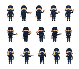 Set of chibi ninja characters showing diverse hand gestures. Funny ninja pointing, greeting, showing thumb up, victory, stop sign, okay and other hand gestures. Simple vector illustration © paper_owl