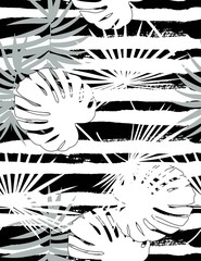 Tropical seamless vector floral pattern with palm leaves, jungle leaf. Tropic monochrome background, black and white illustration.