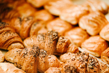 Closeup photo of gold croissants on the conunter in bakery