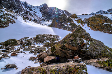 Fototapeta na wymiar Snowshoeing to the Top of Sky Pond in Rocky Mountain National Park in Estes Park, Colorado